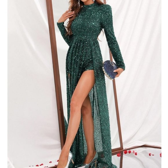 dark green sequin romper dress chic - Picture 2 of 6